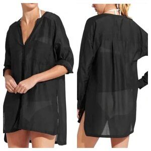 NEW Athleta Kaftan Shirt Cover Up Black Cotton Silk Long Sleeve Women's XS